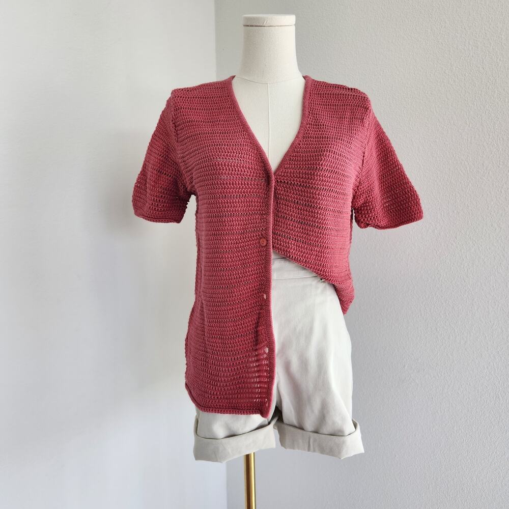 90s Bridgetown Collection Red Crochet Cardigan Short Sleeve Open Knit Sweater S